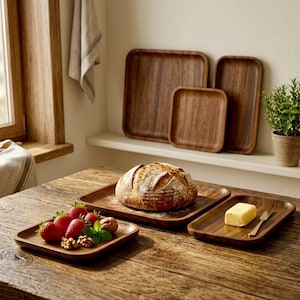 May include: Wooden serving trays of various sizes are displayed on a wooden table. A loaf of bread, strawberries, walnuts, and butter are arranged on the trays. A small potted plant sits on a shelf in the background.