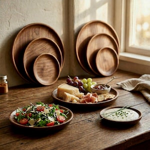 May include: Wooden serving platters and bowls in various sizes are arranged on a wooden table. A salad with tomatoes and cheese, a cheese and meat platter, and a small bowl of sauce are displayed. The scene is set in a well-lit, rustic environment.