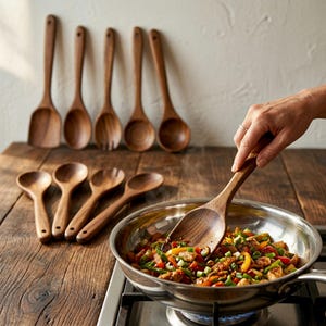 May include: A collection of wooden cooking utensils, including spoons and a spatula, arranged on a rustic wooden surface. A stainless steel pan with colorful vegetables is being stirred with a wooden spoon. The utensils are a warm brown color.