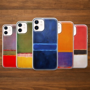 May include: Five phone cases with abstract art designs. The cases feature a variety of colours, including red, orange, blue, green, and purple. The art style is reminiscent of colour field painting, with rectangular blocks of colour.