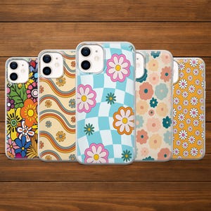 Coque vintage Groovy Floral Phone pour iPhone 17Pro, 16, 15, 14, 13, 12, Samsung S25, S24, S23FE, S22, A16, A26, A56, Pixel 10, 9Pro, 8A