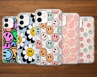Smiley Face Phone Case Groovy Emoji Cover for iPhone 17Pro, 16, 15, 14, 13, 12, Samsung S25, S24, S23FE, S22, A16, A26, A56, Pixel 10, 9Pro
