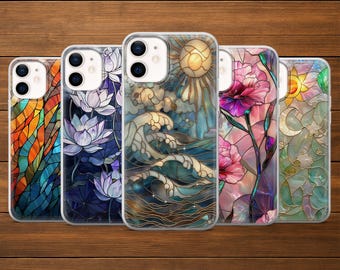 Stained Glass Phone Case Floral Pattern Cover for iPhone 17Pro, 16, 15, 14, 13, 12, Samsung S25, S24, S23FE, S22, A16, A56, Pixel 10, 9Pro