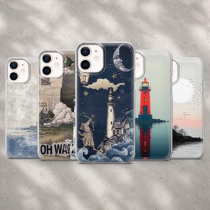 May include: Five clear smartphone cases featuring distinct designs: a blue landscape, a vintage newspaper collage with clouds, a dark blue night scene with a lighthouse and archer, a red lighthouse by water, and a sunset scene with birds over a rocky shore.