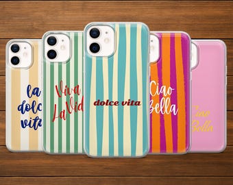 Funda para teléfono con frase italiana "Ciao Bella" a rayas para iPhone 17Pro, 16, 15, 14, 13, 12, Samsung S25, S24, S23FE, S22, A26, A56, Pixel 10, 9
