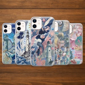 May include: Five smartphone cases featuring collage-style nautical and marine designs. The cases display illustrations of lighthouses, whales, dolphins, crabs, seashells, and coral reefs in various shades of blue, pink, and white with artistic textures.