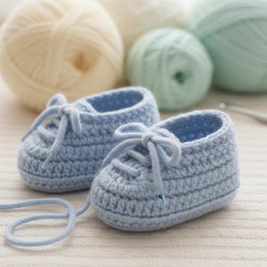 May include: A pair of light blue crochet baby shoes with laces, next to balls of yarn in cream and mint green. The handmade booties are in a classic sneaker style, perfect for a newborn. Crochet hooks are visible in the background.