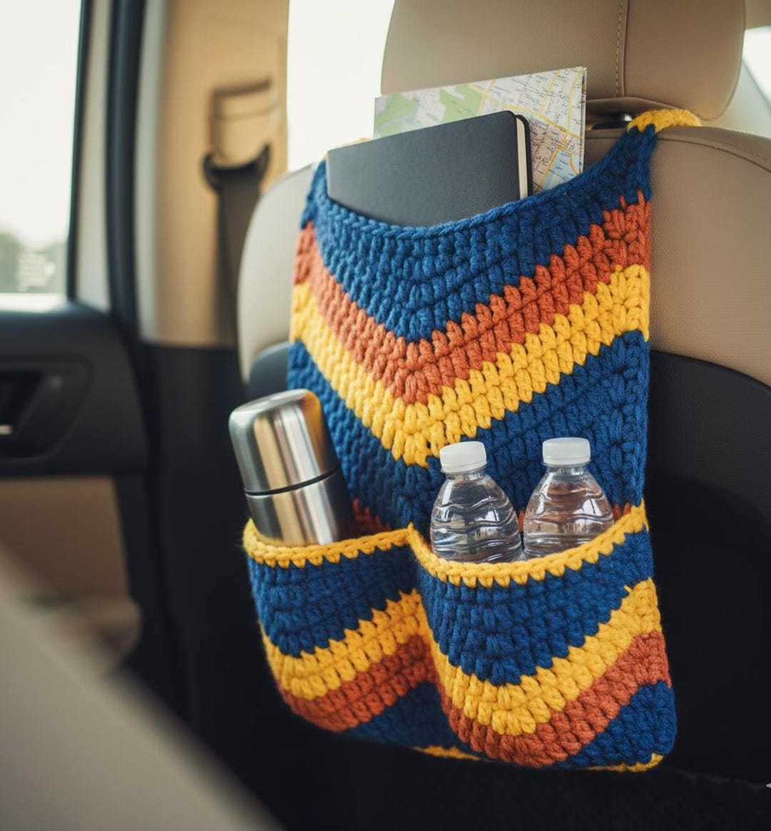 Crochet Car Organizer | Seat Back Storage Caddy | Boho Chevron Ripple ...