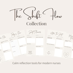 Peut inclure: La collection Shift Flow, un ensemble d'outils de réflexion calme pour les infirmières modernes. L'image montre plusieurs pages avec des invites de réflexion, dont "Calm Action Plan", "Today's Flow" et "Shift Planner". Le texte est manuscrit.
