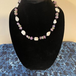Handmade natural gemstone beaded necklace: Moonstone, amethyst, labradorite, and black agate.