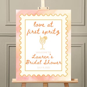 Love at First Spritz Bridal Shower Welcome Sign | Aperol Spritz Theme | Editable Canva Template | Pink Orange Watercolor Decor