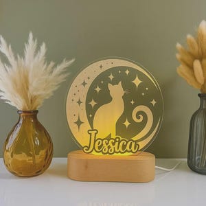May include: A cat-themed night light with the name "Jessica" illuminated in a warm glow. The design features a cat silhouette within a crescent moon and stars, set on a wooden base. Decorative vases with dried flowers flank the light.