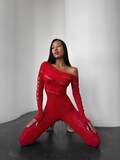 Rhinestone Catsuit: Red Lace Bodystocking - Exotic Dancewear