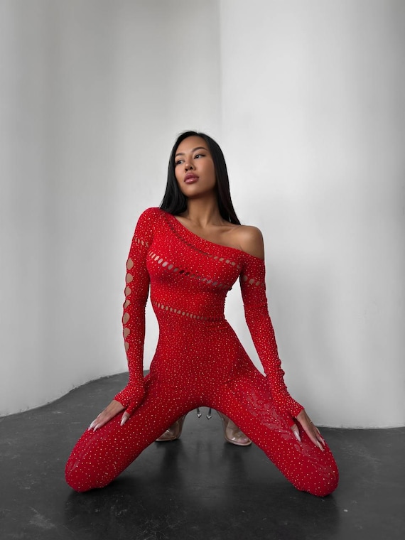 Rhinestone Catsuit: Red Lace Bodystocking - Exotic Dancewear - Etsy