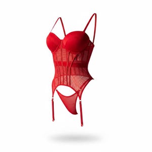May include: A vibrant red corset-style bodysuit featuring molded cups, thin adjustable shoulder straps, and a sheer mesh midsection with vertical boning details. The garment includes an attached thong bottom and four integrated garter straps.