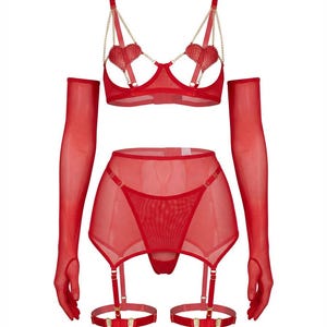 May include: A red lingerie set featuring a bra with heart-shaped embellishments and gold chain straps, a garter skirt, and matching gloves. The set is made of sheer fabric and includes garter straps and garters.