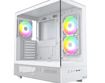 May include: A white computer tower case with a glass front and side panel, featuring three pre-installed cooling fans with multi-colored RGB lighting. The chassis includes a perforated bottom section, internal mounting brackets, and the Montech brand name.