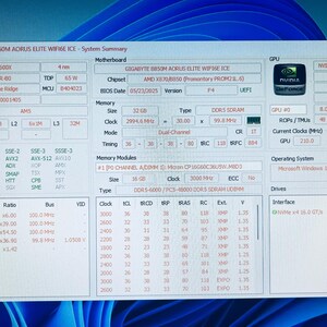 May include: A screenshot of a computer system summary, displaying CPU, motherboard, memory, and GPU information. The display includes the Ryzen logo, NVIDIA GeForce graphics, and various technical specifications.