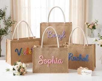 Borsa tote in juta personalizzata, borsa regalo per damigella d'onore, borsa da spiaggia con monogramma, regalo per addio al nubilato, proposta per damigella d'onore, borsa da matrimonio per lei