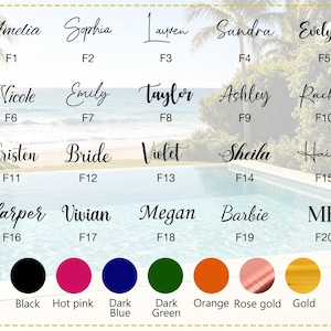 May include: A selection of names in elegant cursive script, including Amelia, Sophia, and Lauren, with corresponding numbers. Below, a color palette showcases options like white, black, hot pink, and dark blue.