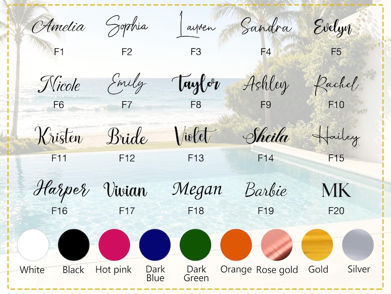 May include: A selection of names in elegant cursive script, including Amelia, Sophia, and Lauren, with corresponding numbers. Below, a color palette showcases options like white, black, hot pink, and dark blue.