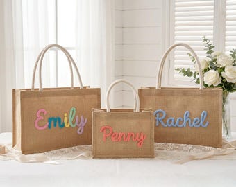 Borsa tote in juta personalizzata, borsa regalo per damigella d'onore, borsa da spiaggia con monogramma, regalo per addio al nubilato, proposta per damigella d'onore, borsa da matrimonio per lei