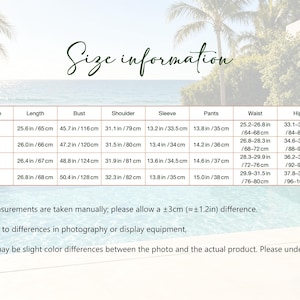 May include: A size information chart with measurements in inches and centimeters. The chart includes sizes S, M, L, and XL, detailing length, bust, shoulder, sleeve, pants, waist, and hips measurements. The background features a tropical scene.