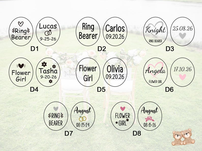 May include: A collection of circular wedding favor tags with various names, dates, and roles like "Ring Bearer" and "Flower Girl." Each tag features decorative elements such as hearts, flowers, and wedding rings. The tags are in black and white.