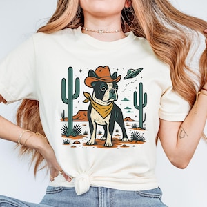 Comfort Colors® Boston Terrier Cowboy Shirt - Vintage Western Dog Tee, Retro UFO Desert Graphic Tee, Dog Mom Boston Terrier Gift