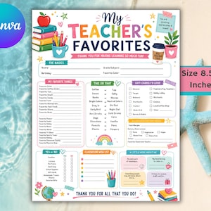 Könnte beinhalten: Ein 21,59x27,94 cm großer Lehrer-Fragebogen mit dem Titel My Teacher's Favorites. Das Dokument enthält Abschnitte für persönliche Angaben, Geschenkkartenpräferenzen, diätetische Bedürfnisse und eine Wunschliste für das Klassenzimmer.