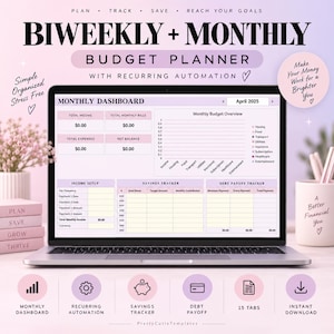 Op de afbeelding: Een laptop met een tweewekelijkse en maandelijkse budgetplanner met een dashboard, inkomstenoverzicht, spaartracker en schuldentracker. Het scherm toont tekst zoals Plan, Track, Save, Reach Your Goals en April 2025.