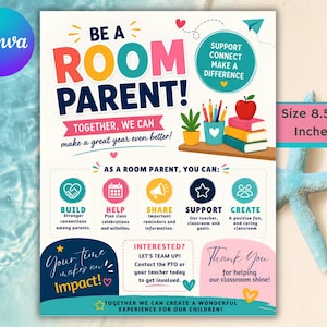 Op de afbeelding: Een flyer met de titel BE A ROOM PARENT! met kleurrijke afbeeldingen waaronder een plant in een pot, potloden en boeken. Het bevat verantwoordelijkheden zoals BUILD, HELP, SHARE, SUPPORT en CREATE. De tekst bevat Size 8.5x11 Inches en Your time makes an Impact!