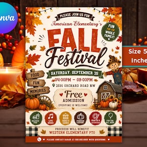 Puede incluir: Un folleto de 5x7 pulgadas para un festival de otoño el sábado 25 de septiembre, de 16:00 a 21:00 horas en 2591 Orchard Road NW. El diseño presenta hojas de otoño, un espantapájaros, un granero, calabazas e iconos de comida y actividades.