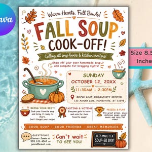 May include: A flyer for a Fall Soup Cook-Off event measuring 21.59x27.94 cm. The design features autumn leaves, a pot of soup, a pumpkin, and a trophy illustration. Text includes event details, date, time, location, and contact information.