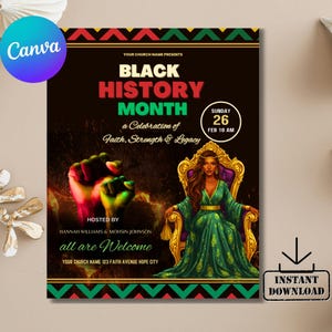 May include: A poster for Black History Month, with text and illustrations. The design includes the words "Black History Month" in red and green, an illustration of a woman in a green dress, and the text "a Celebration of Faith, Strength & Legacy."