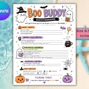 May include: A white 21.59x27.94 cm Boo Buddy questionnaire sheet featuring colourful Halloween illustrations of ghosts, pumpkins, a bat, and a spider web. The text includes sections for sweet treats, drinks, fun facts, favourites, and allergies.