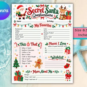 Może przedstawiać: Drukawalny kwestionariusz Secret Santa o wymiarach 8,5x11 cali, ozdobiony świątecznymi ilustracjami Świętego Mikołaja, renifera, piernikowego ludzika i prezentów. Formularz zawiera sekcje na ulubione rzeczy, wybory typu this or that oraz listę życzeń.