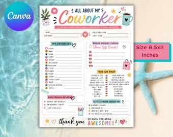 All About My Coworker Printable, Employee Favorites List, Favorite Things Questionnaire Template, All About Me Survey, Edit With Canva