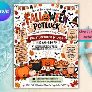 May include: A rectangular 8.5x11 inch Falloween Potluck flyer featuring orange, black, and white graphics of pumpkins, ghosts, and autumn leaves. The text includes event details, date, time, location, and RSVP information on a white background.