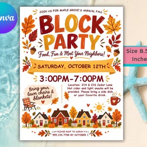 Könnte beinhalten: Ein weißer 21,59x27,94 cm Flyer für ein herbstliches Nachbarschaftsfest mit Herbstblättern, Eicheln und Häusern. Der Text lautet 'Join us for Maple Grove's Annual Fall Block Party' und enthält Datum, Uhrzeit, Ort sowie Hinweise zu Stühlen und Decken.