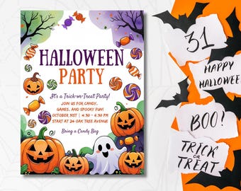 Halloween Trick or Treat Party Invitation, Editable Template (Digital)