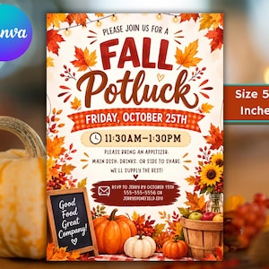Pode incluir: Um folheto de convite para um potluck de outono de 12,7 x 17,8 cm com folhas, abóboras e girassóis. O texto diz: PLEASE JOIN US FOR A FALL POTLUCK, FRIDAY, OCTOBER 25TH, 11:30AM-1:30PM, PLEASE BRING AN APPETIZER, MAIN DISH, DRINKS, OR SIDE TO SHARE.