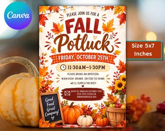Editable Fall Potluck Flyer, Autumn Party Printable (Canva Template)
