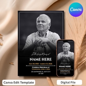 May include: Black and white funeral program template featuring a portrait of an elderly person. The design includes the text "In Loving Memory of", "Name Here", dates, and funeral details. The Canva logo is visible.