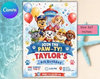 Op de afbeelding: Een verjaardagsuitnodiging van 12,7 x 17,8 cm met Paw Patrol-figuren zoals Chase, Marshall, Skye, Rubble, Rocky en Zuma. De tekst luidt JOIN THE PAW-TY! TAYLOR'S 4th BIRTHDAY, SUNDAY FEB 17, 6:30 PM, ANY CITY ANY ST.123 ANY STATE 1234, RSVP: TO 111 222 333.