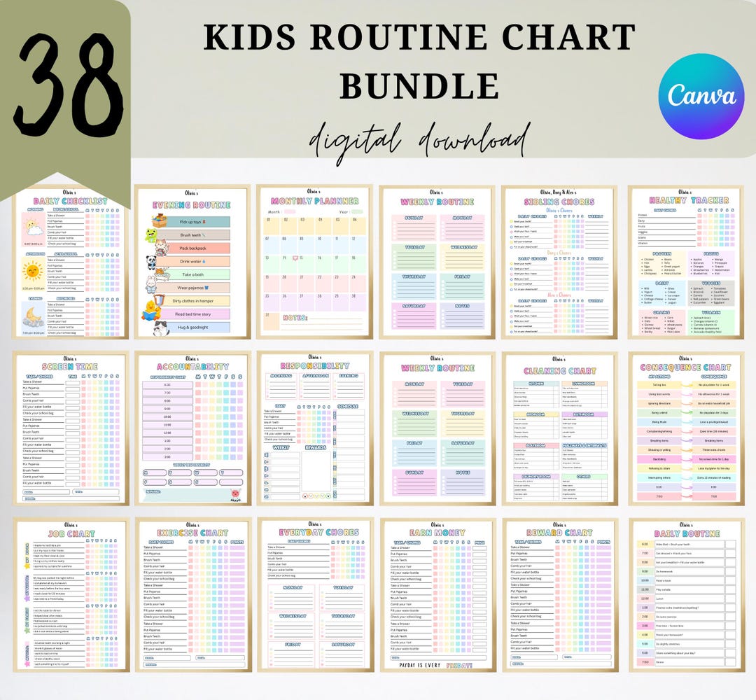 Chart Routine With Done Kids Routine Chart Printable Bundle for Ages 3–10, Daily Checklist ...