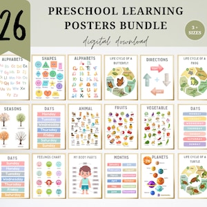 Paquete de pósteres de aprendizaje preescolar, pósteres del alfabeto para niños pequeños, números y formas, arte mural educativo para niños (descarga digital)