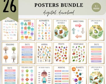 Preschool Learning Posters Bundle ,Alphabet Posters for Toddlers, Numbers & Shapes, Kids Learning Wall Art (Digital Download)