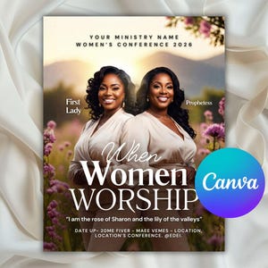 Może przedstawiać: Plakat na konferencję kobiet z napisem „When Women Worship”. Przedstawia dwie kobiety w sukienkach w neutralnych odcieniach na tle kwiatowym. Widoczne jest logo Canva.