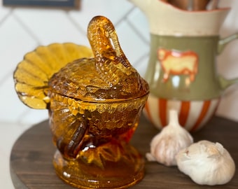 Vintage LE Smith Amber Glass Turkey Lidded Dish | Fall Table Decor | Centerpiece Candy Dish